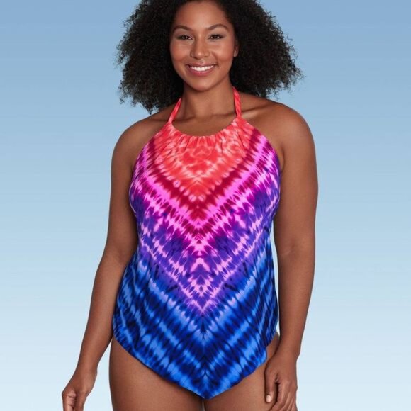 Aqua Green High Neck Angled Tankini Top UPF 50 Size Medium - Picture 1 of 11
